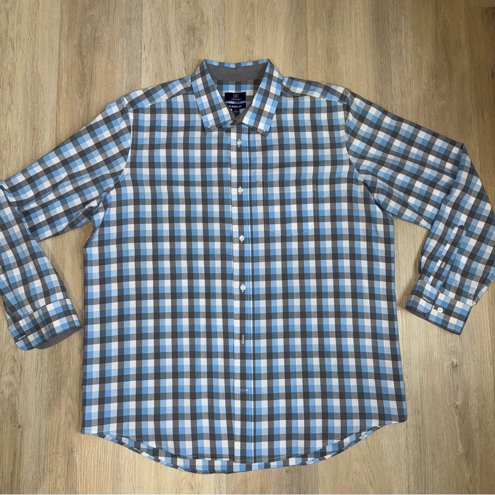 George Blue and Gray Plaid Casual Button Down Shirt